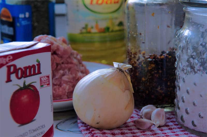 Zutaten für Bolognese Sous-Vide. Tomatenpüree, Zwiebel, Knoblauch, Chiliflocken, Hackfleisch, Salz, Basilikum und Öl.